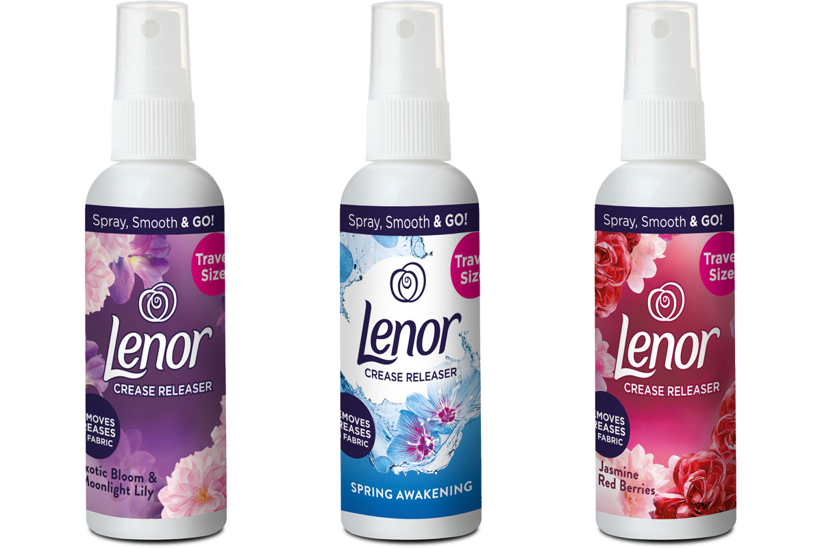 Pack shots of Lenor Crease Releaser in travel-size bottles including Exotic Bloom & Moonlight Lily, Spring Awakening and Jasmine Red Berries. 