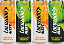 Pack shots of Lucozade Alert Ultimate Energy and Mango Peachade.