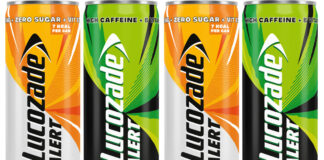 Pack shots of Lucozade Alert Ultimate Energy and Mango Peachade.