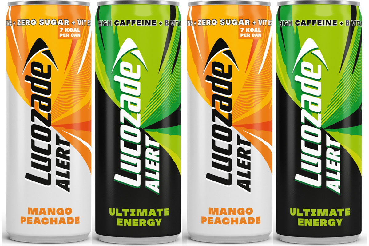 Pack shots of Lucozade Alert Ultimate Energy and Mango Peachade.