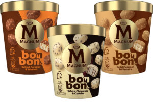 Pack shots of Magnum Bon Bons including Salted Caramel & Almond, White Chocolate & Cookie and Gold Caramel Billionaire.