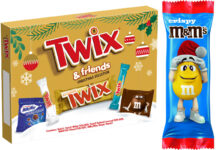 Pack shots of Twix & Friends Medium Selection Box and M&M's Crispy Milk Chocolate Santa Treat