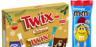 Pack shots of Twix & Friends Medium Selection Box and M&M's Crispy Milk Chocolate Santa Treat