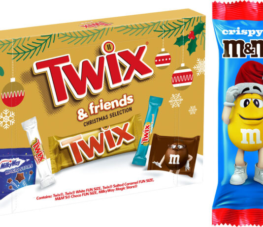 Mars Wrigley unveils a Christmas duo Pack shots of Twix & Friends Medium Selection Box and M&M's Crispy Milk Chocolate Santa Treat