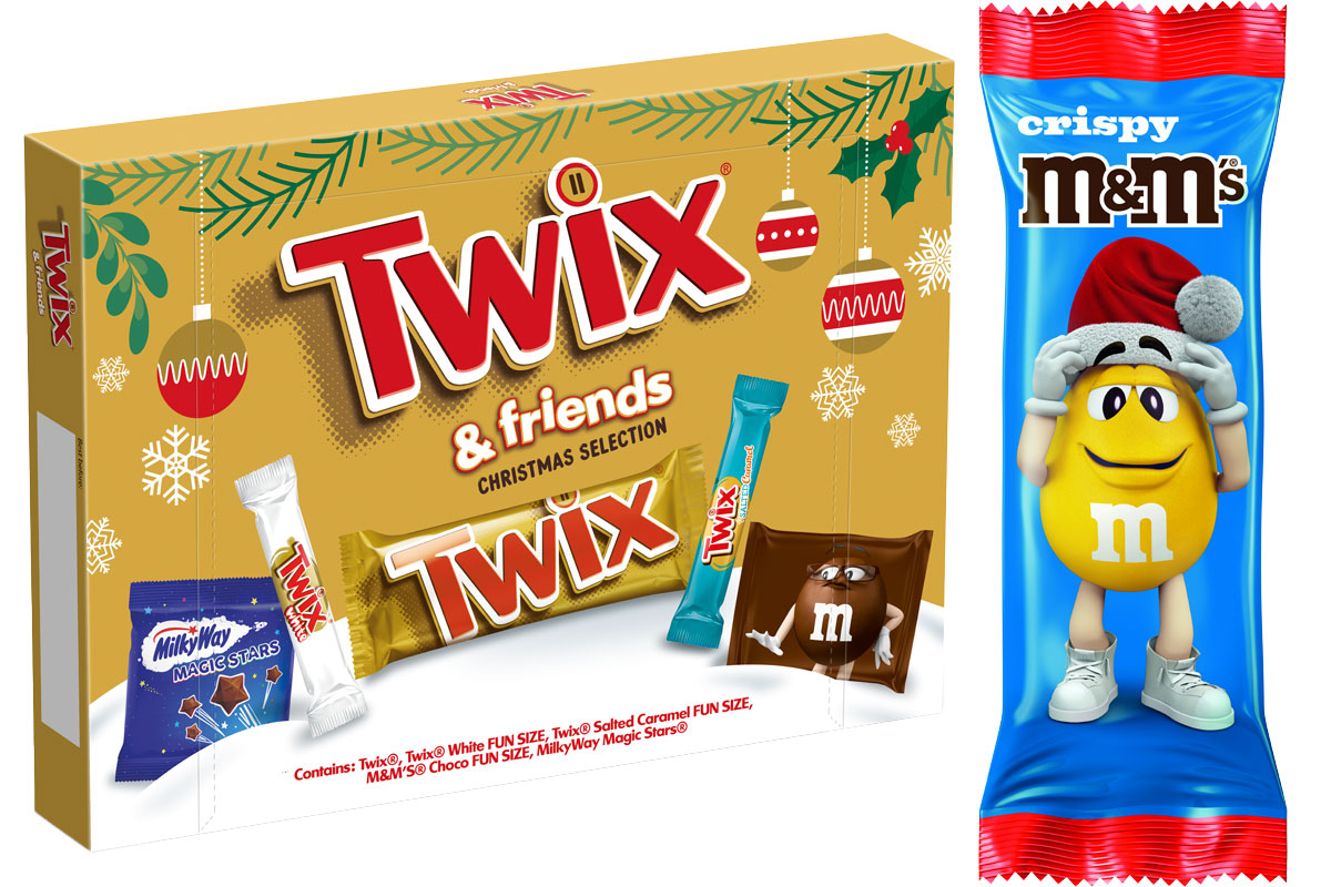 Pack shots of Twix & Friends Medium Selection Box and M&M's Crispy Milk Chocolate Santa Treat