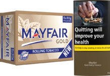 Pack shot of Mayfair Gold 5x30g pouches pack as well as a single 30g pack to the right.