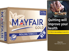 JTI brings a Golden option to RYO Pack shot of Mayfair Gold 5x30g pouches pack as well as a single 30g pack to the right.