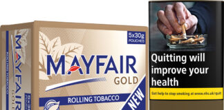 Pack shot of Mayfair Gold 5x30g pouches pack as well as a single 30g pack to the right.