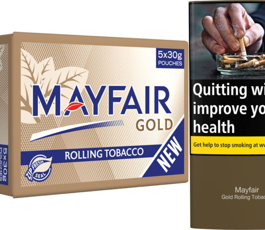 JTI brings a Golden option to RYO Pack shot of Mayfair Gold 5x30g pouches pack as well as a single 30g pack to the right.