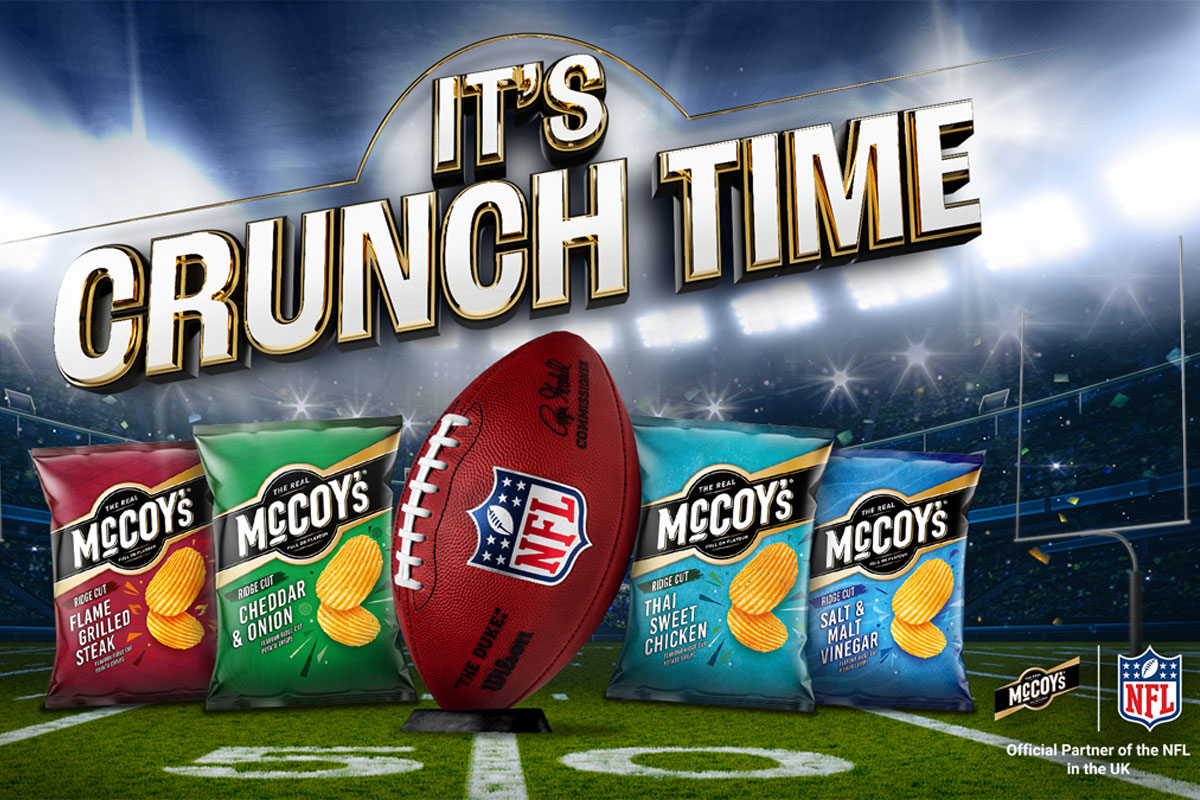 Promotional image of the partnership between McCoy's crisps and the NFL here in the UK, the text reads 'It's Crunch Time'.