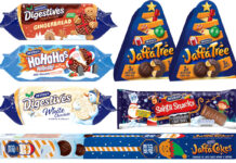 McVitie's Christmas range for 2024 including pack shots of Milk Chocolate Digestives Gingerbread, Chocolate HobNobs, White Chocolate Digestives, Jaffa Cakes Yard Box, Santa Snacks and Jaffa Tree.