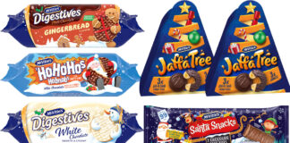 McVitie's Christmas range for 2024 including pack shots of Milk Chocolate Digestives Gingerbread, Chocolate HobNobs, White Chocolate Digestives, Jaffa Cakes Yard Box, Santa Snacks and Jaffa Tree.