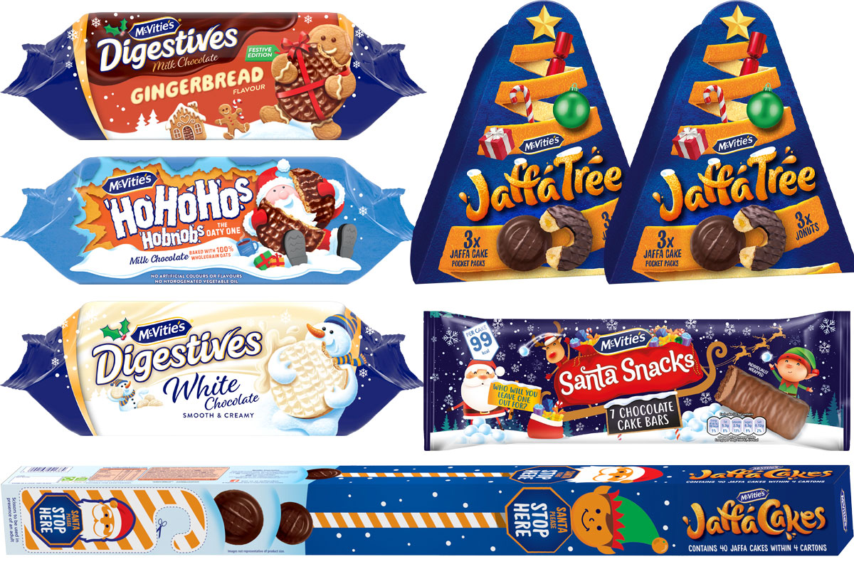 McVitie's Christmas range for 2024 including pack shots of Milk Chocolate Digestives Gingerbread, Chocolate HobNobs, White Chocolate Digestives, Jaffa Cakes Yard Box, Santa Snacks and Jaffa Tree.