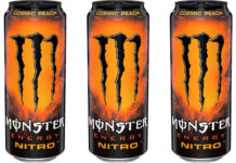 Pack shots of Monster Nitro Cosmic Peach cans.