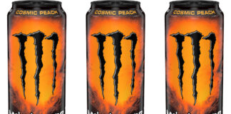 Pack shots of Monster Nitro Cosmic Peach cans.