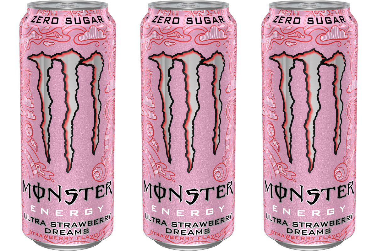 Pack shots of Monster Energy Ultra Strawberry Dream.