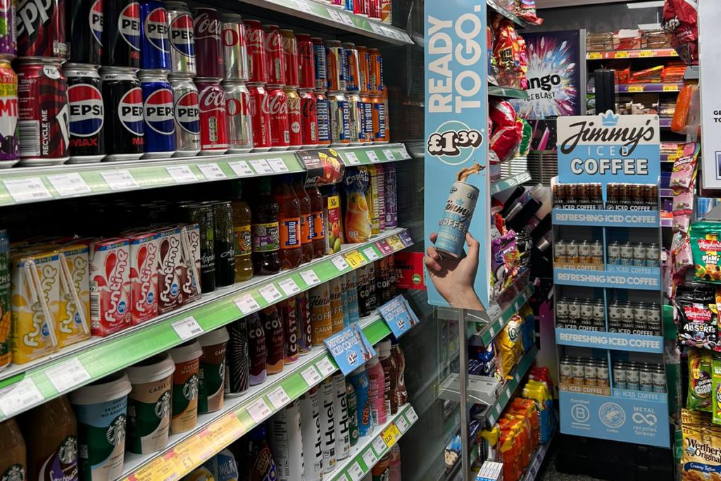 POS display of Jimmy's Iced Coffee in convenience store. 