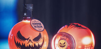 Lifestyle image of Gravity Drinks Pumpkin Potion featuring two of the liqueurs, one of which is on its side.