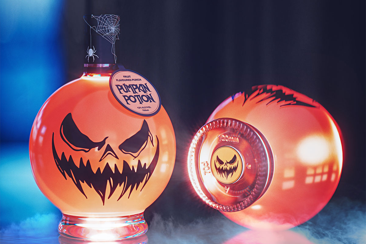 Lifestyle image of Gravity Drinks Pumpkin Potion featuring two of the liqueurs, one of which is on its side.