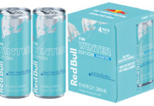 Pack shots of Red Bull Winter Edition Iced Vanilla Berry 250ml cans as well as the four-pack format.