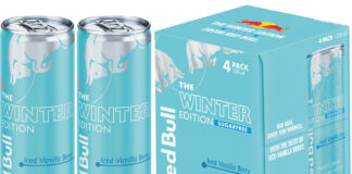 Pack shots of Red Bull Winter Edition Iced Vanilla Berry 250ml cans as well as the four-pack format.