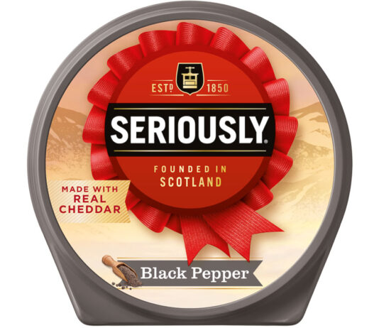 Seriously spreads out to Black Pepper Pack shot of Seriously Spreadable Cheese Black Pepper.