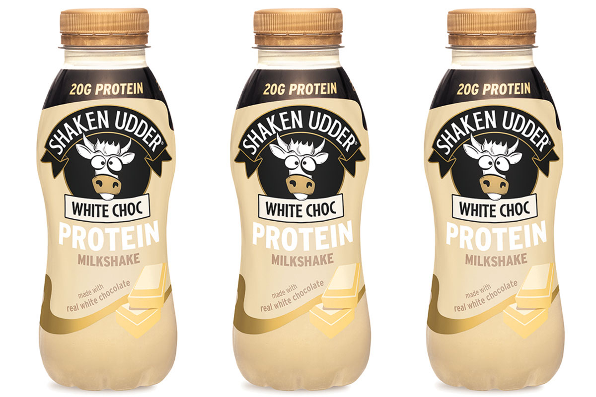 Pack shots of Shaken Udder Protein White Choc bottles.