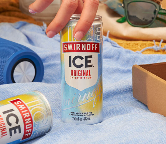 Smirnoff Ice unveils new pack design Promotional image of Smirnoff Ice can as a hand goes to lift a can off a blanket and another can lies on its side.