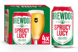 Pack shot of BrewDog Sprucy Lucy including four pack as well as a can.