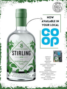 Promotional image of Stirling Distillery's Classic Gin going into Co-op stores with a list of Co-op stores in Scotland that stock the gin.