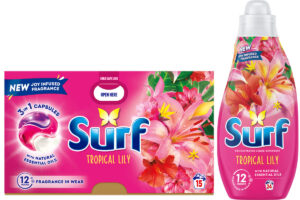 Pack shots of Surf Tropical Lily 3 in 1 capsules and Surf Tropical Lily Concentrated Liquid Detergent.