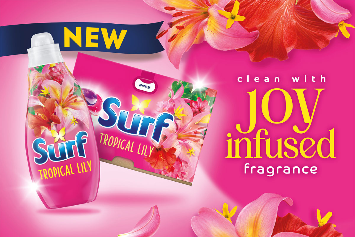 Promotional image of the Surf laundry detergent rebrand, with pack shots of the products against a pink background that has flowers. The text reads 'clean with joy infused fragrance'.