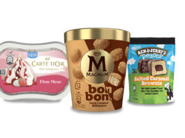 Unilever builds on ice cream snacking Pack shots of Carte D'Or Mini Indulgence Eton Mess, Magnum bonbon Gold Caramel Billionaire and Ben & Jerry Peaces Salted Caramel Brownie.