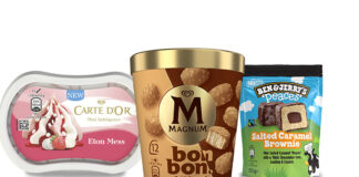 Pack shots of Carte D'Or Mini Indulgence Eton Mess, Magnum bonbon Gold Caramel Billionaire and Ben & Jerry Peaces Salted Caramel Brownie.