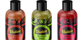 Pack shots of Vadasz Hot Sauces including Hot Pepper Sauce, Jalapeño Sauce and Kimchi Ketchup.