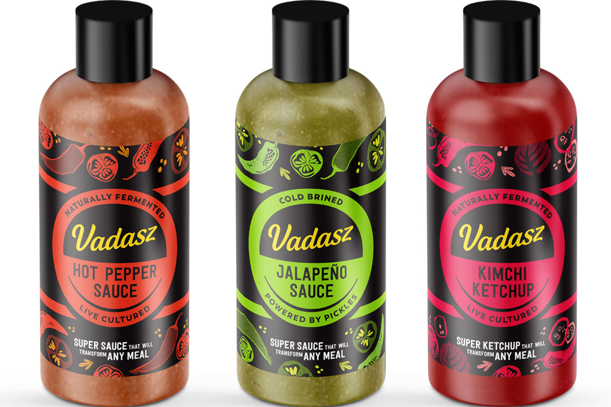 Pack shots of Vadasz Hot Sauces including Hot Pepper Sauce, Jalapeño Sauce and Kimchi Ketchup.