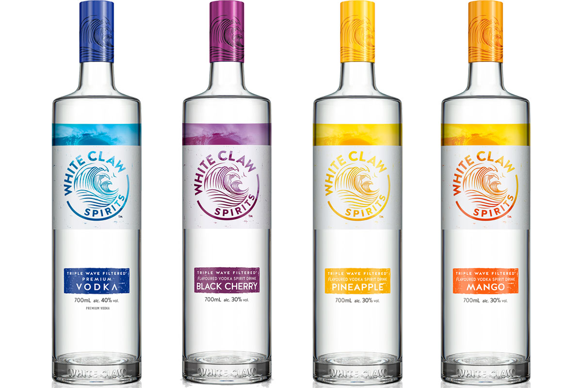 Pack shots of White Claw Vodka including Premium Unflavoured, Black Cherry, Pineapple and Mango.