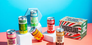 Lifestyle image of the Wonderland Cocktails range including a multipack as well as single cans of cocktails.