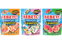 Pack shots of Bebeto Freeze Crunchy freeze-dried sweets including Peach Rings, Marshmallows and Watermelon variants.