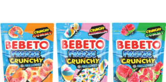 Pack shots of Bebeto Freeze Crunchy freeze-dried sweets including Peach Rings, Marshmallows and Watermelon variants.