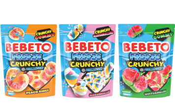 Pack shots of Bebeto Freeze Crunchy freeze-dried sweets including Peach Rings, Marshmallows and Watermelon variants.