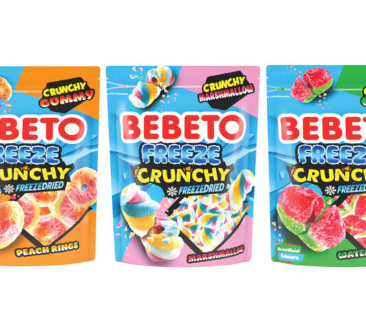 Bebeto takes note of TikTok with freeze dried sweets Pack shots of Bebeto Freeze Crunchy freeze-dried sweets including Peach Rings, Marshmallows and Watermelon variants.