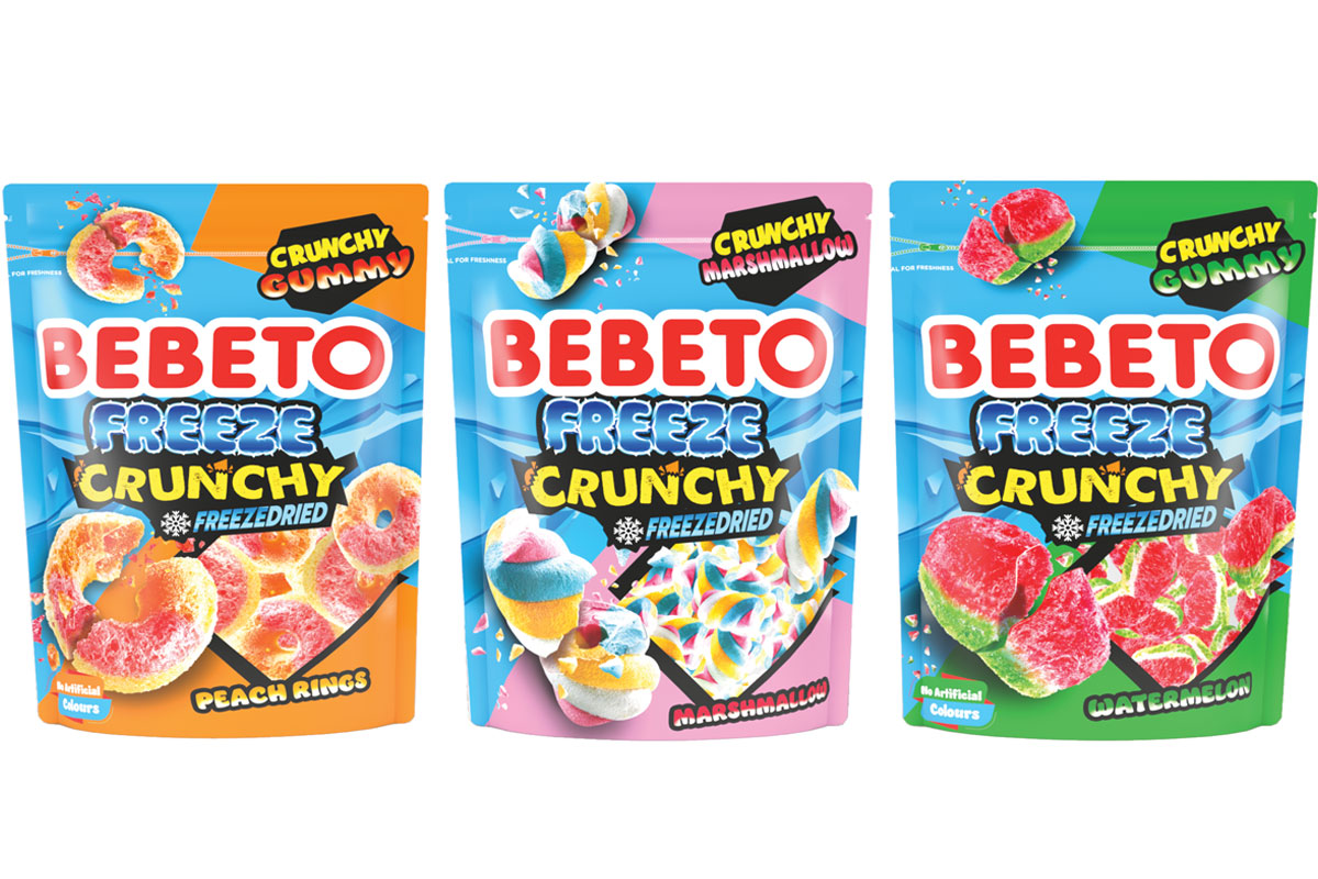 Pack shots of Bebeto Freeze Crunchy freeze-dried sweets including Peach Rings, Marshmallows and Watermelon variants.