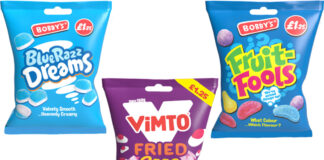 Pack shots of Bobby's Sweets including Blue Razz Dreams, Vimto Fried Eggs and Fruit-Fools.