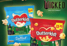 Promotional image of Butterkist Wicked promotion featuring packs of Butterkist popcorn with the film on them against a green background with the Wicked logo in the top right corner.