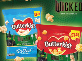Butterkist defies gravity with new Wicked promo Promotional image of Butterkist Wicked promotion featuring packs of Butterkist popcorn with the film on them against a green background with the Wicked logo in the top right corner.
