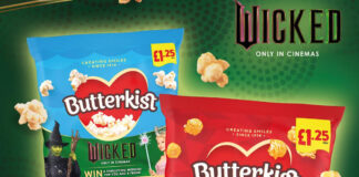 Promotional image of Butterkist Wicked promotion featuring packs of Butterkist popcorn with the film on them against a green background with the Wicked logo in the top right corner.