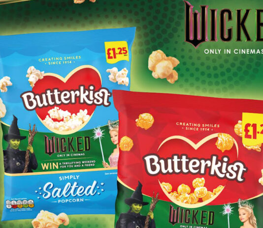 Butterkist defies gravity with new Wicked promo Promotional image of Butterkist Wicked promotion featuring packs of Butterkist popcorn with the film on them against a green background with the Wicked logo in the top right corner.