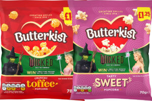 Pack shots of Butterkist Toffee popcorn and Butterkist Sweet popcorn with the Wicked film promotion on them.