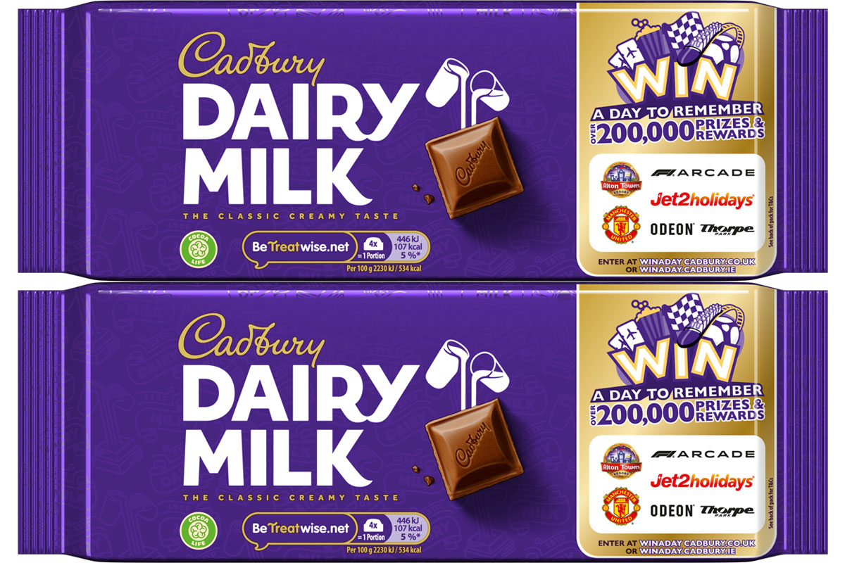 Pack shots of Cadbury Dairy Milk tablet bars with the Win A Day To Remember on-pack promotion on them.